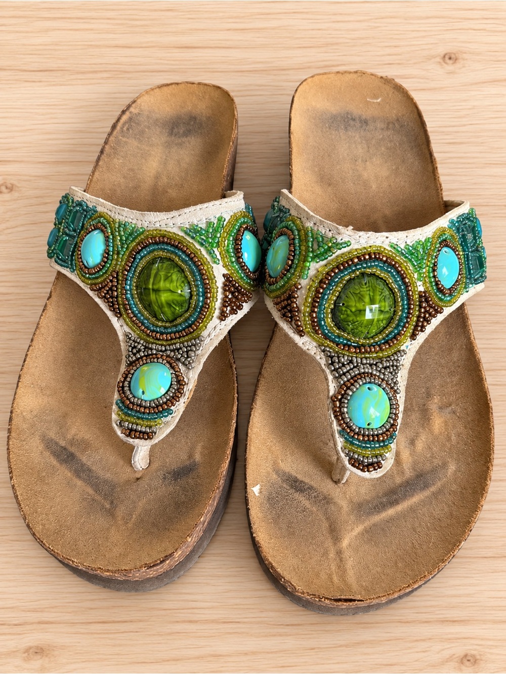 Women's Green Beaded Thong Sandals with Turquoise Accents